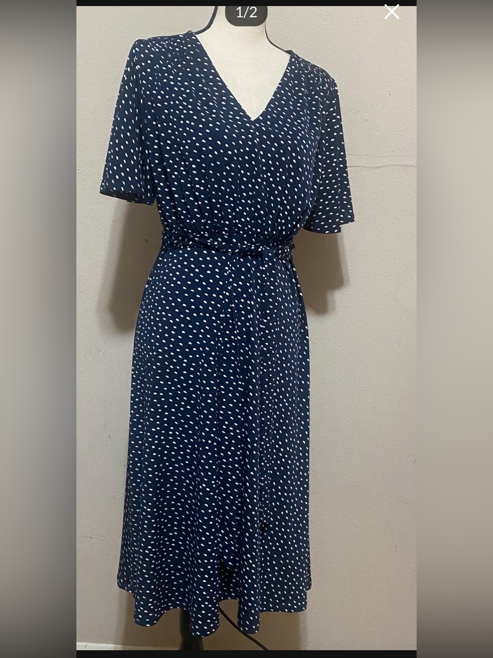 H&M Navy and White Polka Dot Wrap-Style Midi Dress